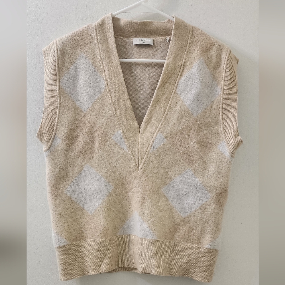 Sandro Paris Beige Sweater Vest, Size 1, Wool,‎ Cashemire.